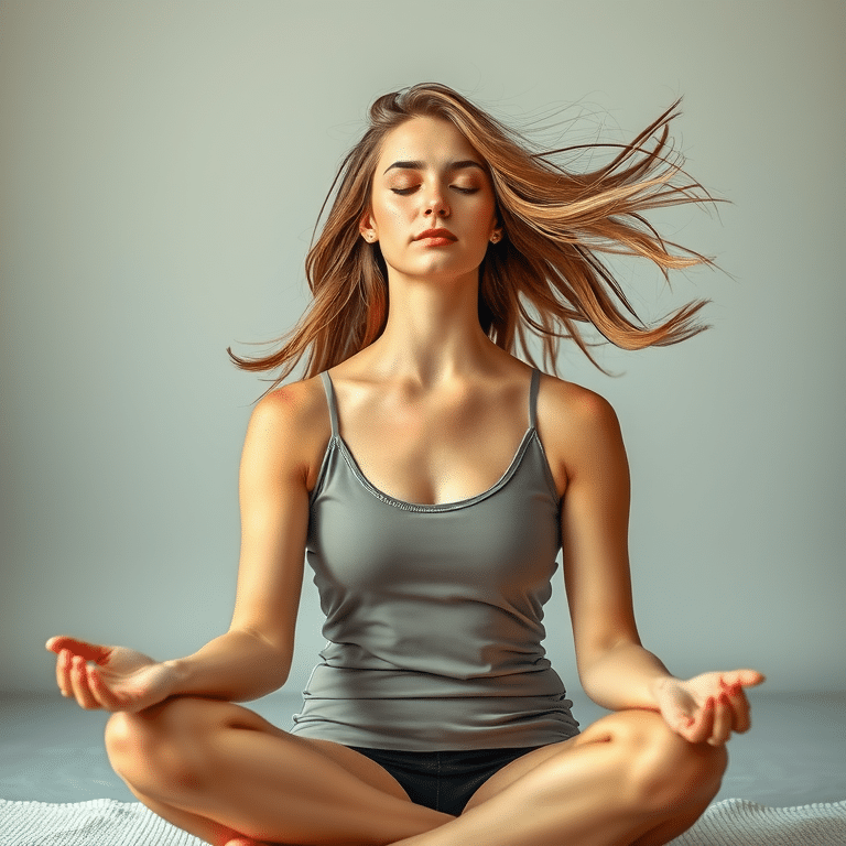 a_30_year_old_woman_is_sitting_relaxed_in_the_lotus_position__her_eyes_are_closed_and_her_facial_expression_is_calm_and_peaceful__her_hair_is_gently_moving__as_if_a_cool__soft_breeze_is_1687202354