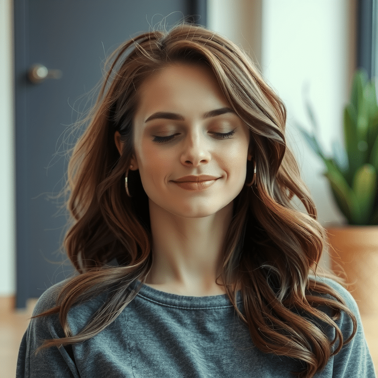 eine_junge_frau_sitzt_entspannt_im_meditationssitz__sie_hat_die_augen_geschlossen_und_ihr_gesichtsausdruck_ist_ruhig_und_friedlich__ihr_haar_bewegt_sich_leicht__als_ob_ein_kühler__sanft_224148909