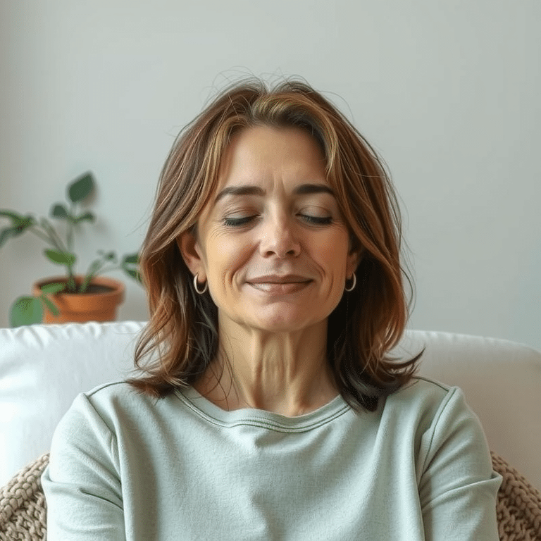 eine_mittelalte_frau_sitzt_entspannt_im_meditationssitz__sie_hat_die_augen_geschlossen_und_ihr_gesichtsausdruck_ist_ruhig_und_friedlich__ihr_haar_bewegt_sich_leicht__als_ob_ein_kühler__1926899028